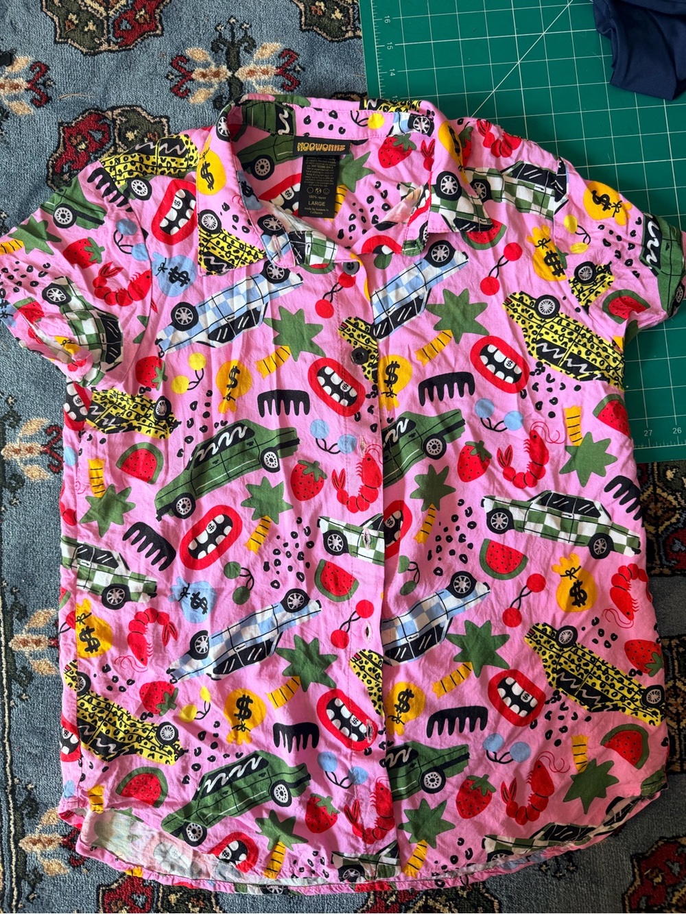 Nooworks Pink Short-Sleeve Button-Up with Multicolor Novelty Print